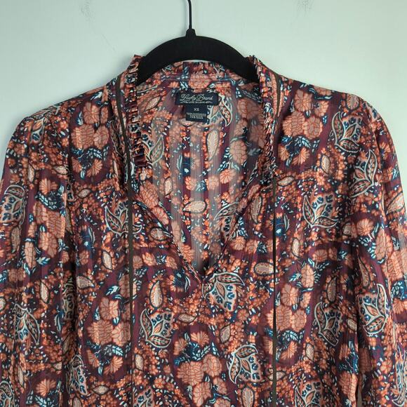 Lucky Brand Women's Sheer Maroon Multicolor Paisley Print Peasant Blouse Size XS - Picture 2 of 6